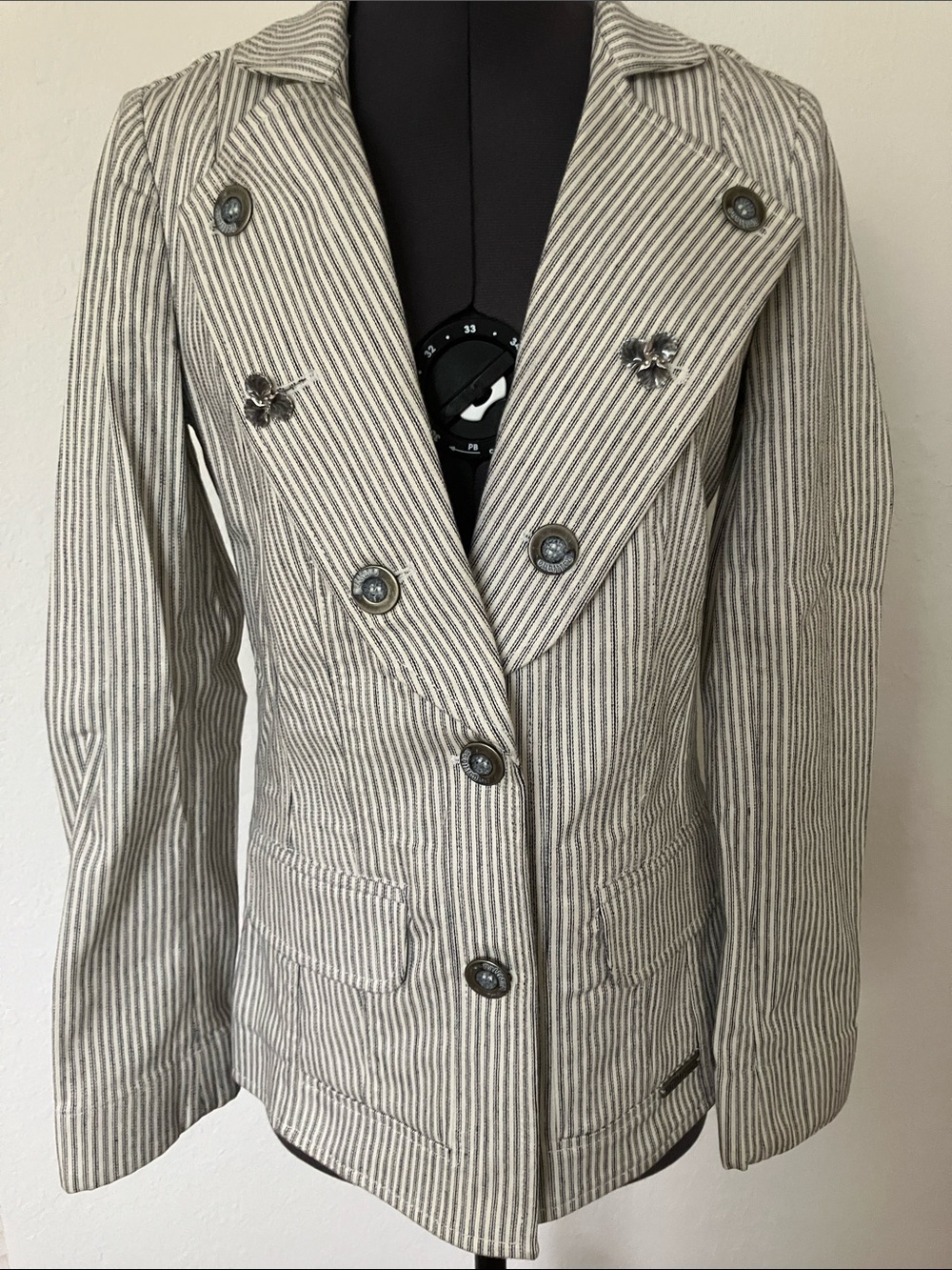 Galliano Striped Double-Breasted Blazer in Blue & White. Made in Italy. Sz 26/40